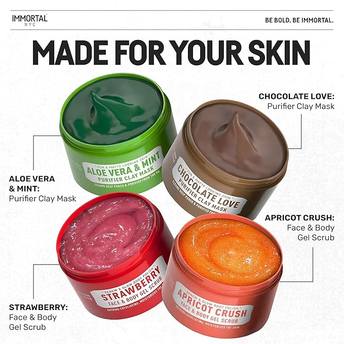 Immortal NYC Strawberry Crush Face & Body Scrub Mask Gel- Moisturizing and Exfoliating Body, Face, Hand, Foot Scrub - Fights Acne, Fine Lines & Wrinkles, Great Gifts For Women & Men - 10 oz