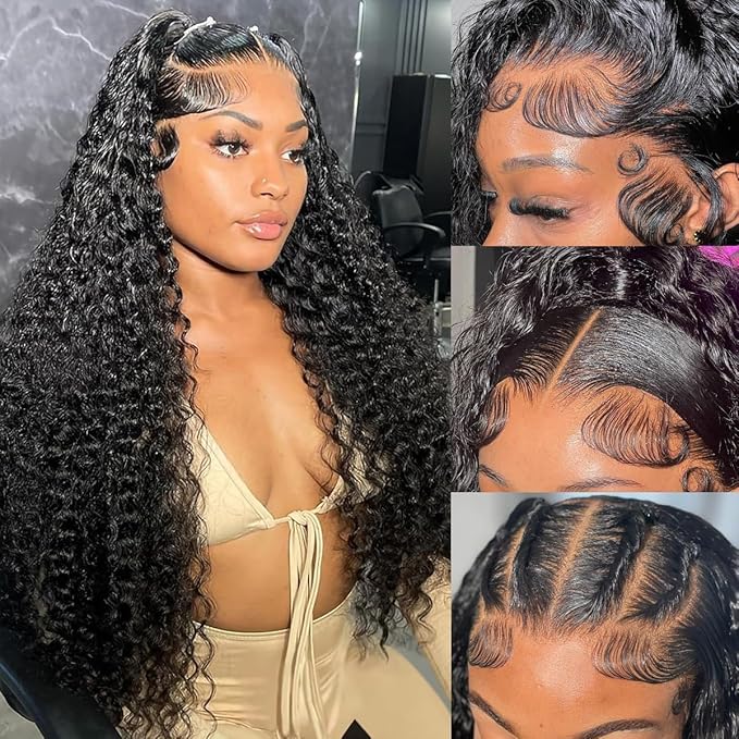 28 Inch Deep Wave Lace Front Wigs Human Hair 200 Density 13x4 Lace Frontal Wigs Human Hair Pre Plucked Deep Curly Wigs Human Hair for Women Nature Black