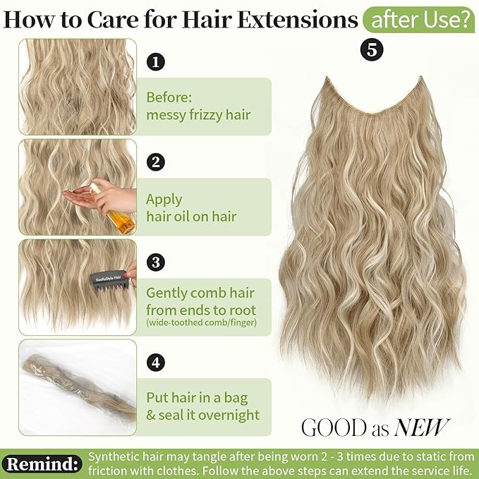 KooKaStyle Invisible Wire Hair Extensions with Transparent Wire Headband Adjustable Size 4 Secure Clips Long Wavy Synthetic Hairpiece for Women(20inch Beige Blonde mix Lvory Blonde Highlights)