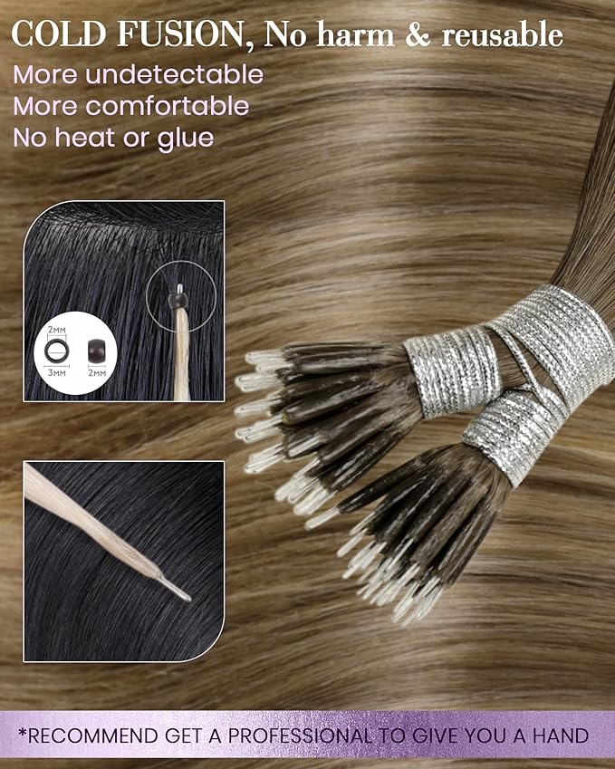 LaaVoo Nano Hair Extensions Human Hair Balayage 18 Inch Nano Bead Hair Extensions Light Brown Fading to Dark Honey Blonde Mixed Brown Nano Extensions Human Hair 50s 50g