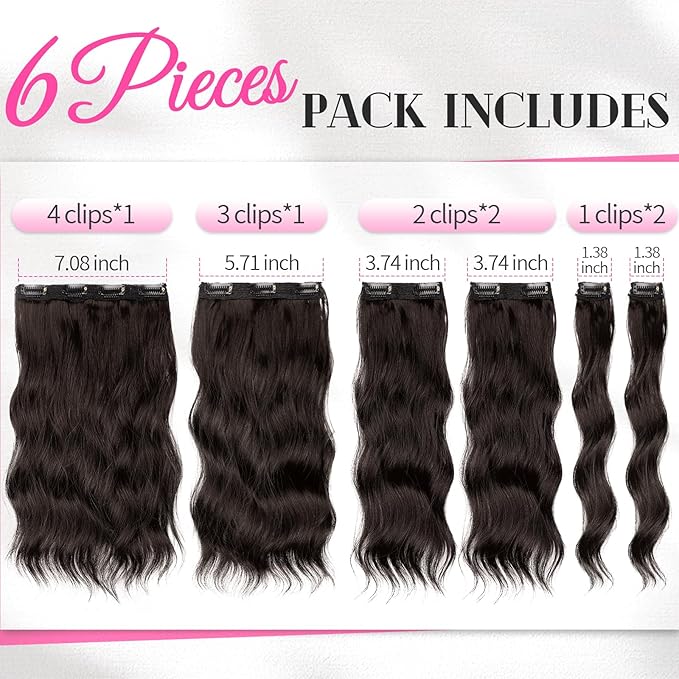 KooKaStyle 6PCS 14 Inch Short Hair Extensions Wavy Curly Clip in Extensions for Women - Dark Brown Synthetic Hairpieces for Daily Chic Look