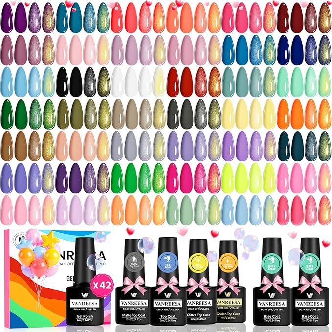 VANREESA 48 Pcs Gel Nail Polish Set 42 Colors Spring Summer Fall Winter Gel Polish with 2 Pcs Base Coat Glossy & Matte & Silver & Golden Top Coat Nail Kit Gifts for Women Girls Nail Art Salon at Home