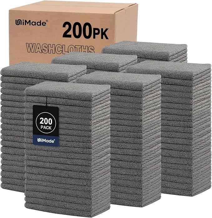 Washcloths Bulk - 200 Pack - Face Towels (12" x 12"), Highly Soft Wash Cloth and Hand Towels, Fast Drying Multi-Purpose Microfiber Cleansing Cloths for Bathroom, Hotel, Spa, and Salon - Grey
