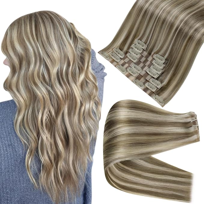 Full Shine Seamless Hair Extensions Clip ins 22 Inch Brown Highlights Human Hair Clip in Extensions Light Brown Mix Platinum Blonde Remy Hair Full Head Ease of Use 8 Pcs 120 Grams