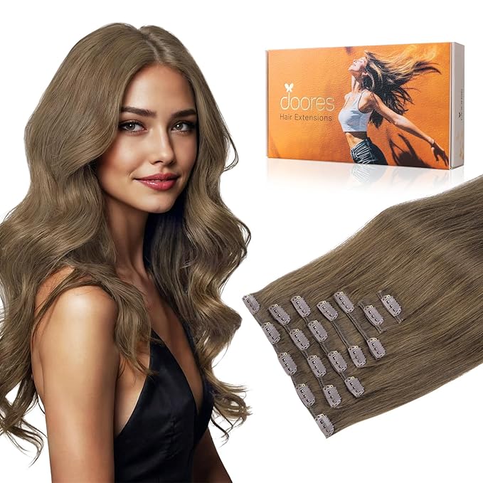 DOORES Clip in Hair Extensions, Light Ash Brown 14 Inch 7pcs 100g, Real Human Hair Extensions Remy Natural Silky Straight Thick Weft