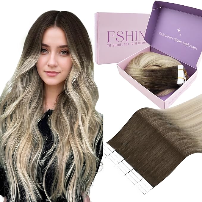 Fshine Ombre Tape in Hair Extensions Human Hair 14 Inch Brown Fading to Ash Blonde and Platinum Blonde 20 pcs 50 g,Suitable for Date Nights & Romantic Occasions