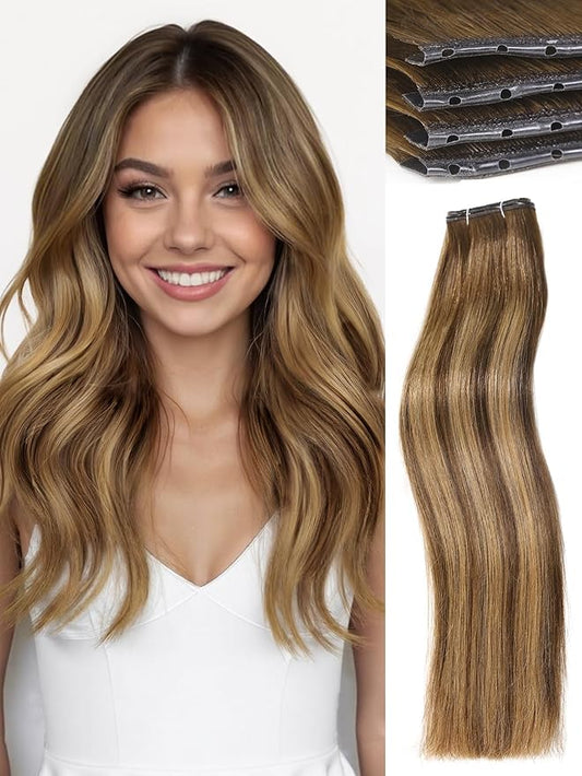 WIGNEE 14 Inch New Double Layered PU OVO Human Hair Extensions Highlight Honey Blonde Straight Human Hair Weft with Beads 100% Real Human Hair Extensions for Women Glueless (T4/27)