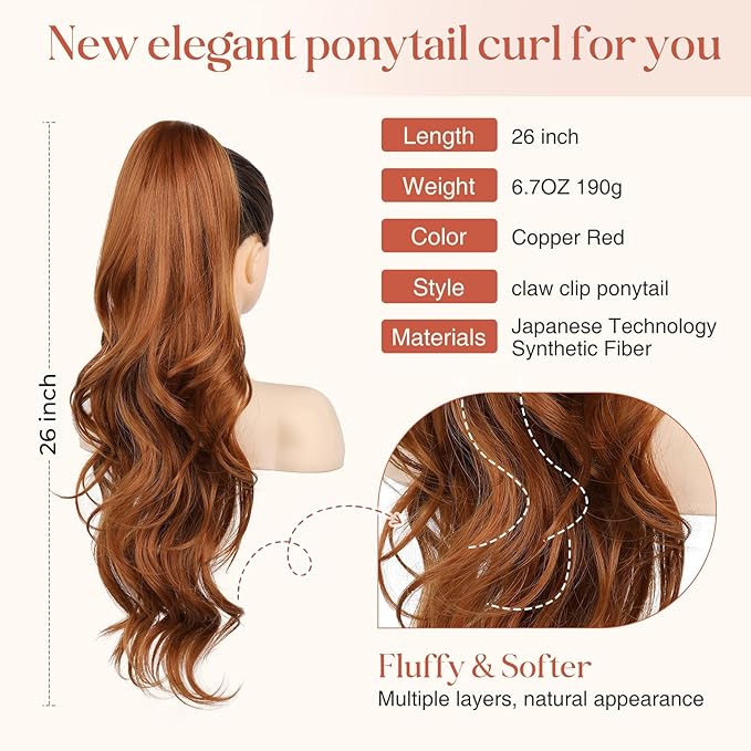 FLUFYMOOZ 26" Ponytail Extension, Long Wavy Curly Claw Clip in Ponytail Hair Extensions, Natural Synthetic Hairpiece for Women Daily Wear(Copper Red)