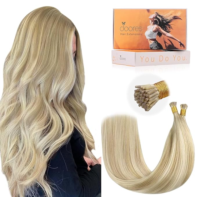 DOORES ITip Real Human Hair Extensions, 20 Inch 100g 100s, Dark Blonde Highlighted Bleach Blonde, Cold Fusion Hair Extensions
