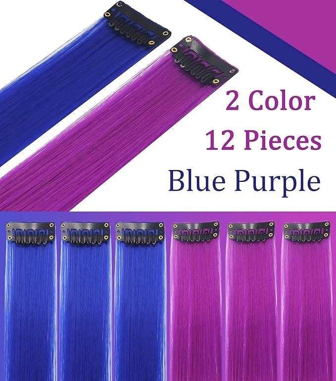 Rhyme Purple Blue Wig Hairpieces 21 inch Colored Hair Extension Clip in/on for Amercian Girls and Women Princess Party Highlight Wig Pieces for Girls 12 PCS (Purple Blue)