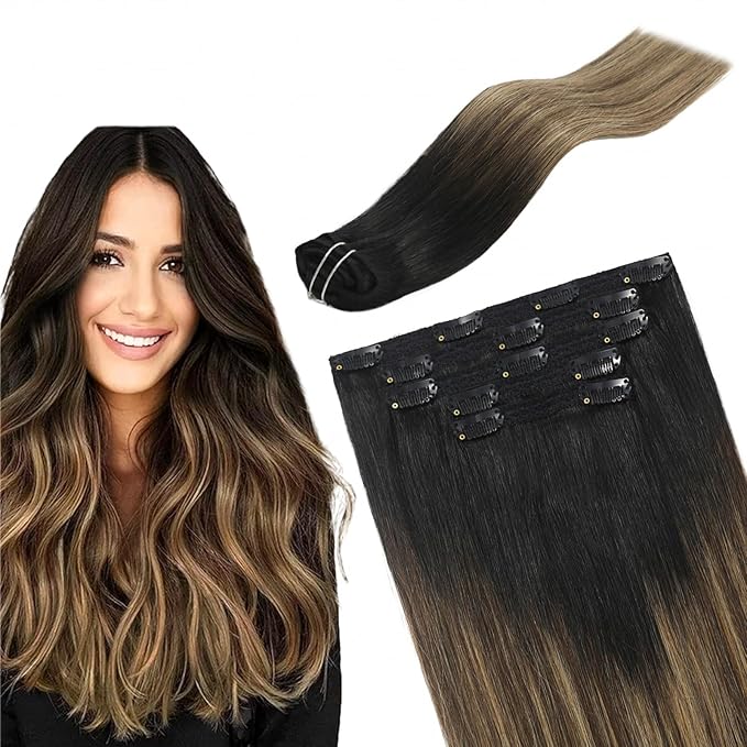 Clip in Hair Extensions Human Hair Ombre Clip in Extensions Balayage Natural Black to Chocolate Brown Mix Caramel Blonde Real Remy Human Hair 80g 5pcs 12inch