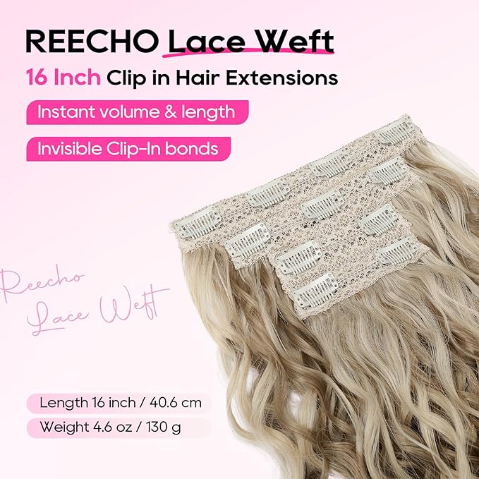 REECHO Curly Hair Extensions, 4PCS 16 inch Clip in Hair Extensions Lace Weft Short Curly Hair Extensions Clip Ins Invisible Natural Hairpieces for Women, Light Ash Brown with Highlights
