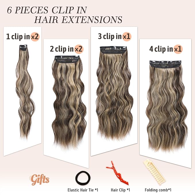 NAYOO Clip in Hair Extensions for Women 20 Inch Long Wavy Curly Dark Brown Mix Blonde Hairpieces Full Head Synthetic Hair Hairpieces(6PCS, Dark Brown Mix Blonde)