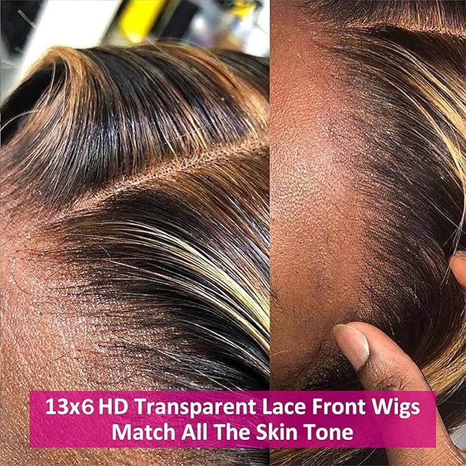 Aicrelery 4/27 Highlight 13x6 Lace Front Wigs Human Hair 13x6 Honey Blonde HD Lace Front Wig Pre Plucked with Baby Hair 180% Density Highlight Ombre Body Wave Lace Frontal wig for Women 20 Inch