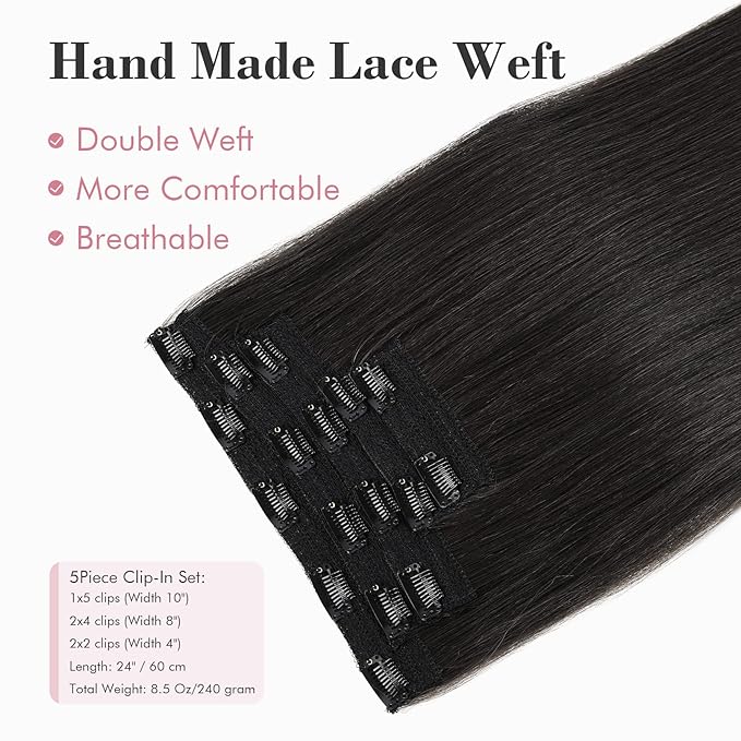 REECHO Clip in Hair Extensions, Hair Extensions Thick Long Lace Weft Lightweight Synthetic Hairpieces for Women (24 Inch-240 Gram(Pack of 5), Black Brown)