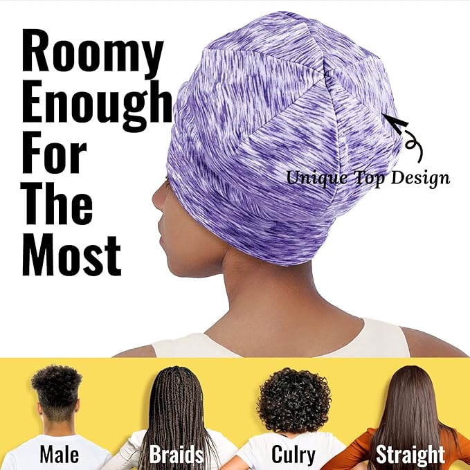 Satin Lined Sleep Cap Bonnet for Curly Hair and Braids, Stay On All Night Hair Wrap with Adjustable Strap for Women and Men, Black and Purple, Pack of 2