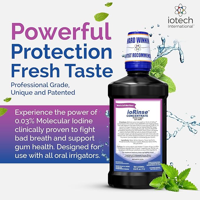 ioRinse Concentrated Irrigant with Active Molecular Iodine, Alcohol-Free Dental Irrigant, use with Water Flossers, and All Other Oral Irrigation Devices - Soft Mint