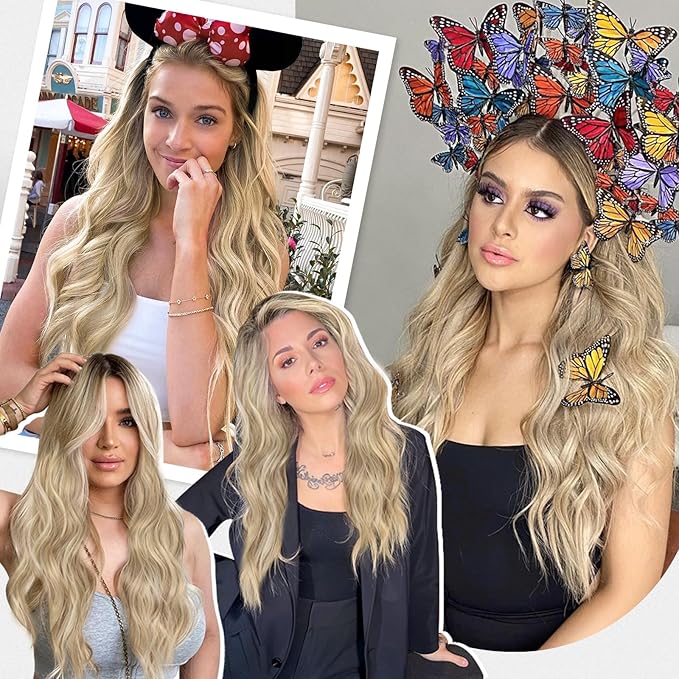ALXNAN Clip in Long Wavy Synthetic Hair Extension 24 Inch Dirty Blonde 4PCS Thick Hairpieces Fiber Double Weft Hair for Women