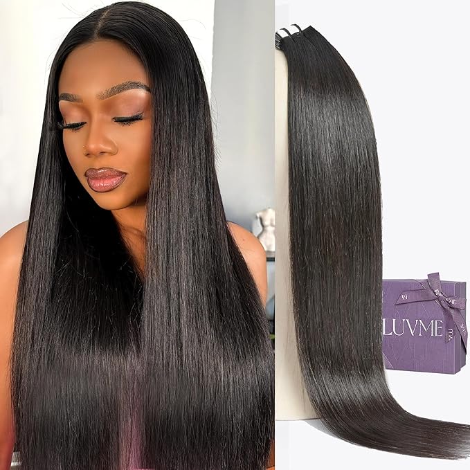 LUVME Tape in Extensions Human Hair 14 Inch 50g 25pcs Silky Straight Natural Black Double Sided Invisible Tape Extensions