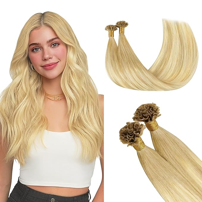 GOO GOO U Tip Hair Extensions Real Human Hair, 18inch 50g 50S, Hot Fusion U Tip Hair Extensions, 18AT60A Pearl Ash Blonde Highlights