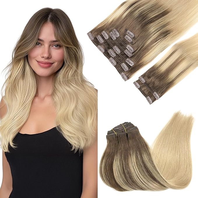 GOO GOO Clip in Hair Extensions Real Human Hair, Remy Human Hair Extensions Clip ins for Women, Natural Human Hair, 20inch 150g 9Pcs, 4/18 Balayage Chocolate Brown Highlighted Dirty Blonde