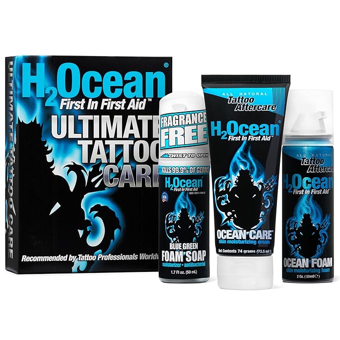 H2Ocean Ultimate Tattoo Aftercare Kit – Complete 3 Step Water-Based Skincare Regimen for Faster Tattoo Healing – Blue Green Foam Soap (1.7 oz), Ocean Care Cream (2.5 oz) & Ocean Foam Moisturizer(2 oz)