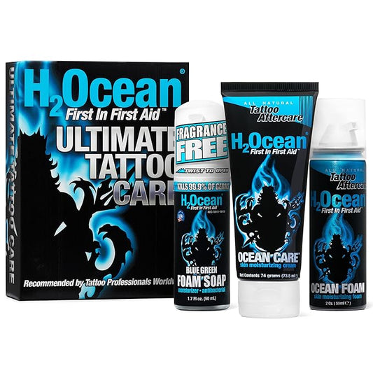 H2Ocean Ultimate Tattoo Aftercare Kit – Complete 3 Step Water-Based Skincare Regimen for Faster Tattoo Healing – Blue Green Foam Soap (1.7 oz), Ocean Care Cream (2.5 oz) & Ocean Foam Moisturizer(2 oz)