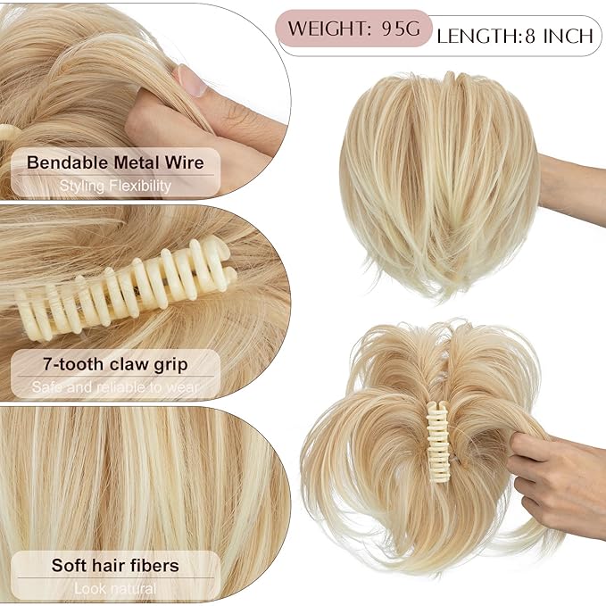 Claw Clip Short Ponytail Hair Extensions Messy Bun Hair Piece Pony Tails Hair Extensions with Bendable Metal Wire Hair Pieces DIY Style 8 Inch 24T613 Mousy blonde to Light blonde