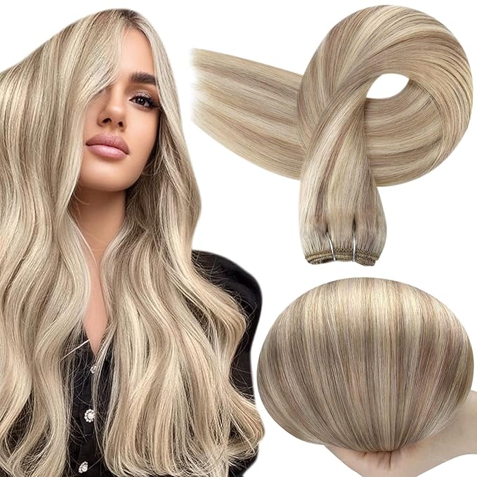Full Shine Hair Weft Extensions Real Human Hair Remy Straight Weave Hair Bundles Sew In Human Hair Extensions Color 18 Ash Blonde Highlighted 613 Bleach Blonde Human Hair Weft 105G 16 Inch