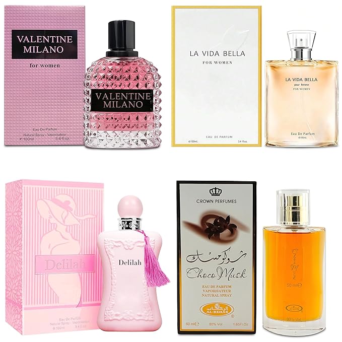 Top Sales 4 Piece Women Perfume Set Choco Musk/Valentine Milano/La Vida Bella/Delilah Eau de Parfum Spray Women's Fragrance Sets with Luxury Gift Box for Daily Use