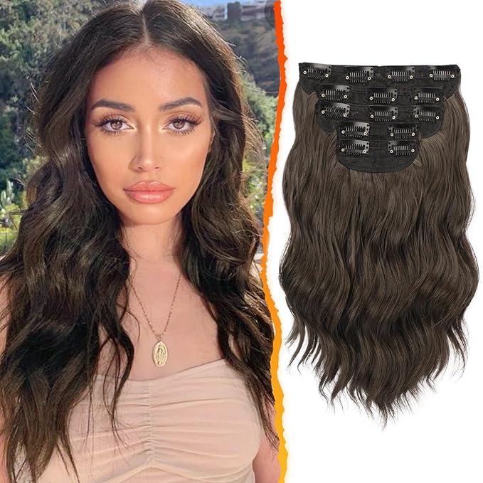 BARSDAR Wavy Chocolate Brown Clip in Hair Extensions - 14 Inch Short Wavy Clip in Hair Extensions for Women - 5PCs Thick Soft Synthetic Voluminous Easy Wear Brown Hairpieces Daily Party