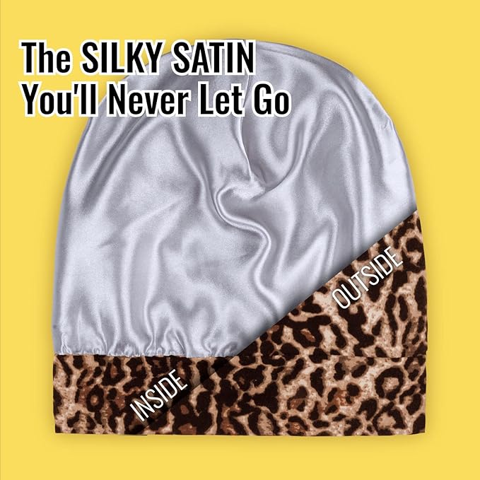 Satin Lined Sleep Cap Bonnet for Curly Hair and Braids, Stay On All Night Hair Wrap with Adjustable Strap for Women and Men, Brown Leopard, Pack of 1