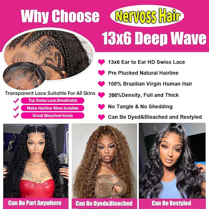 32Inch Deep Wave Lace Front Wigs Human Hair 200% Density 13x6 HD Transparent Deep Curly Lace Front Wigs for Women Pre Plcked Glueless Wigs with Baby Hair