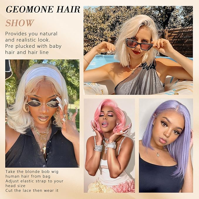 Blonde Bob Wig Human Hair 180 Density 613 Straight Bob Wig Pre Plucked With Baby Hair Brazilian Virgin 14 Inch 613 Bob Wig Human Hair 13x6 Lace Front Wig For Women Heat-Friendly For Coloring