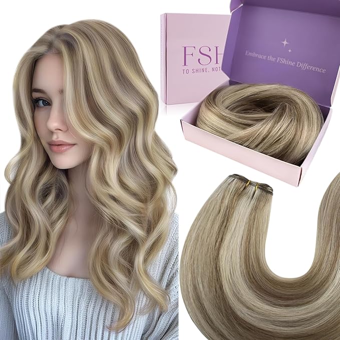 fshine Sew in Hair Extensions Real Human Highlight 20 Inch Ash Brown with Platinum Blonde Hand Tied Weft Straight Double Remy 100g