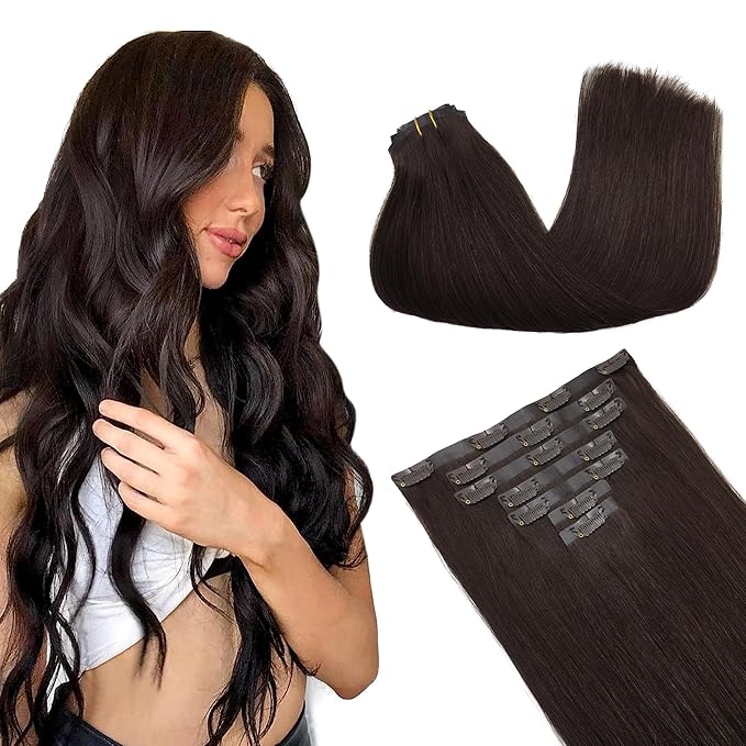 GOO GOO Clip in Hair Extensions Real Human Hair, Remy Human Hair Extensions Clip ins for Women, Natural Human Hair, 20inch 150g 7Pcs, 2A Light Brown