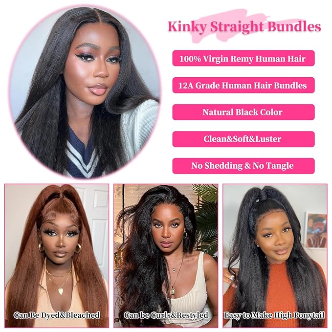 18 Inch Kinky Straight Bundles 1 Bundles Yaki Straight Human Hair Bundles 100% Unprocessed Brazilian Virgin Hair Weave Kinkystraight Human Hair Bundles Natural Black Color