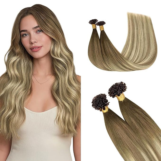 GOO GOO U Tip Real Human Hair Extensions, 16inch 50g 50S, Hot Fusion, Invisible Remy, 3/8/613 Balayage Walnut Brown to Ash Brown and Bleach Blonde