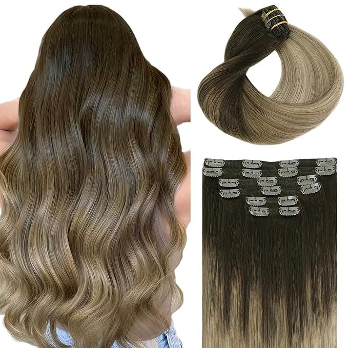 Clip-in Hair Extensions Real Human Hair 6pcs 120g 18 Inch Balayage Dark Brown to Dirty Blonde Double Drawn Clip-in Hair Extensions (#2/6/18, 18")