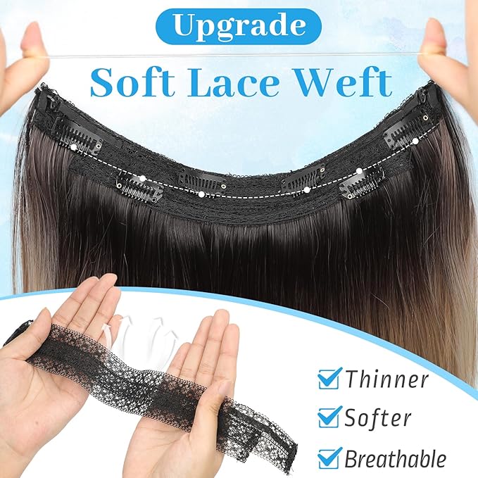KooKaStyle Invisible Wire Hair Extensions Long Wavy Layered Synthetic Hair Extensions with Transparent Wire Adjustable Size 6 Secure Clips Brown to Blonde Hairpieces for Women 20 Inch