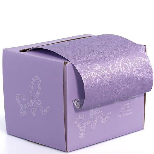Simply Hair Hair Foil Roll – 100m Embossed Medium Weight Roll with Built-In Cutter – Custom Length Foil for Hair Dye, Highlights & Balayage - No-Slip Grip - 12.7cm - Lilac Leaf