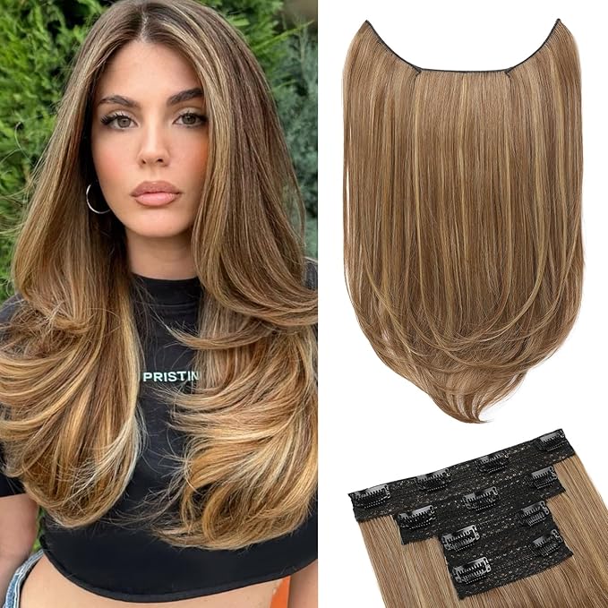 Hair Extensions, 4PCS 18" Clip in Hair Extensions Layered Cut Natural Lightweight Hairpieces with Thinner Softer Invisible Weft for Women - Light Brown with Highlights