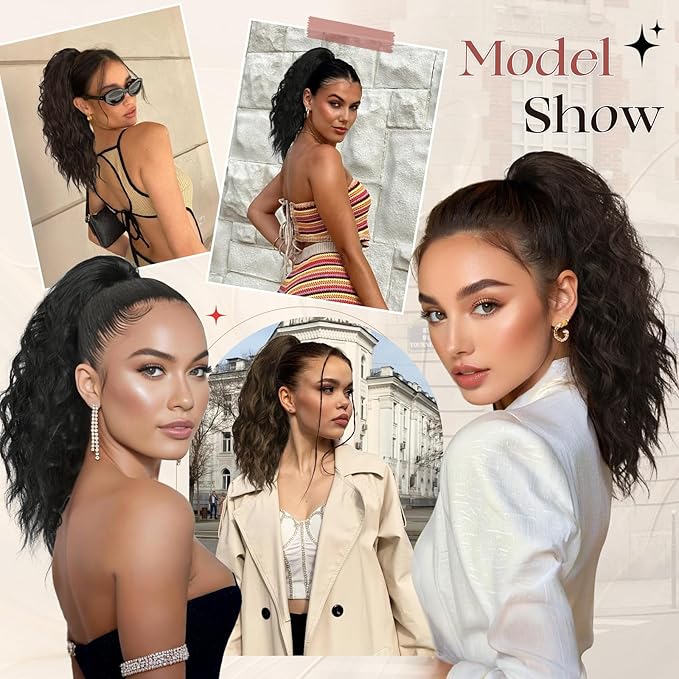 SOFEIYAN Ponytail Extension, 16 inch Claw Clip Ponytail Extension Wavy Curly Ponytails Synthetic Pony Tails Hair Extensions Natural Fake Hairpiece for Women - Brown Mix