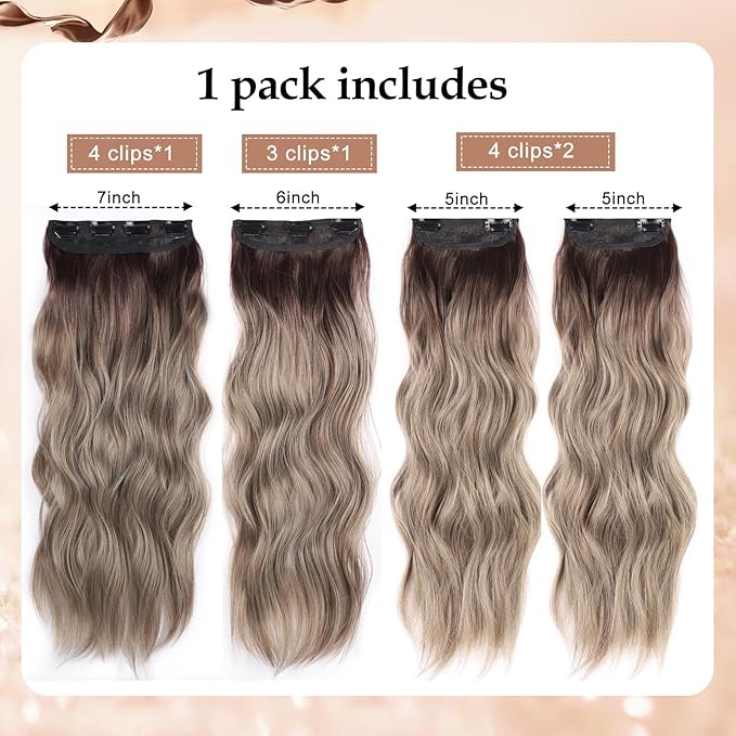 4PCS Thick Hairpieces Clip in Hair Extensions for Women Synthetic Clip in Long Wavy Hair Extension 20 Inch Double Weft Hairpieces Full Head For Women (20INCH, R6/88)