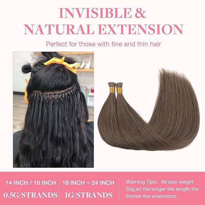 GOO GOO I Tip Hair Extensions, Real Human Hair, 24inch 50g, Cold Fusion, Invisible Remy, 5 Light Ash Brown