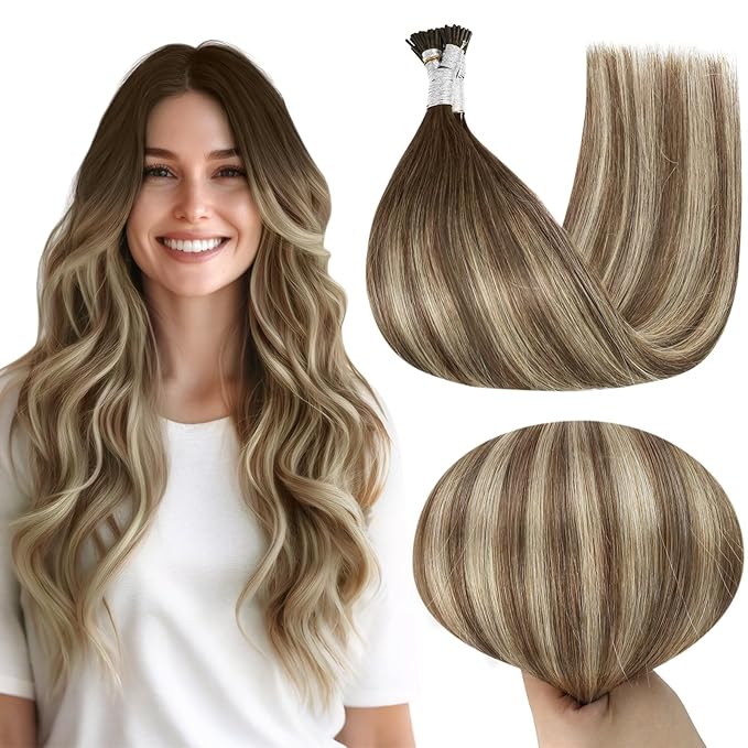 Full Shine Itip Human Hair Extensions Remy Hair 22 Inch Balayage Brown Fading to Ash Brown and Light Brown Cold Fusion Extensions Natural Straight Hair 50 Grams