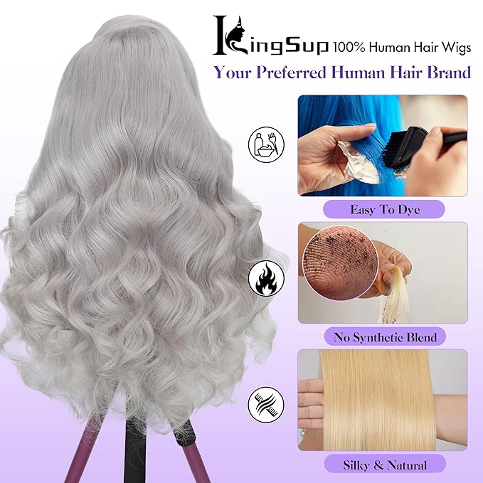 Grey Wig Human Hair 250 Density 28 Inch 13x6 Body Wave Colored Lace Front Wig Human Hair Pre Plucked, 100% Real Human Hair No Synthetic Blend Tangle Free Shedding Free Triple Lifespan 3X