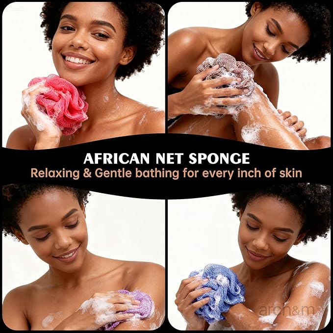 Afro Scrub African Net Sponge - Authentic African Wash Cloths Exfoliating Body Sponges for Showering Back Scrubber Exfoliator Shower Loofah for Body Bath Accessories Champagne by ARCH&M