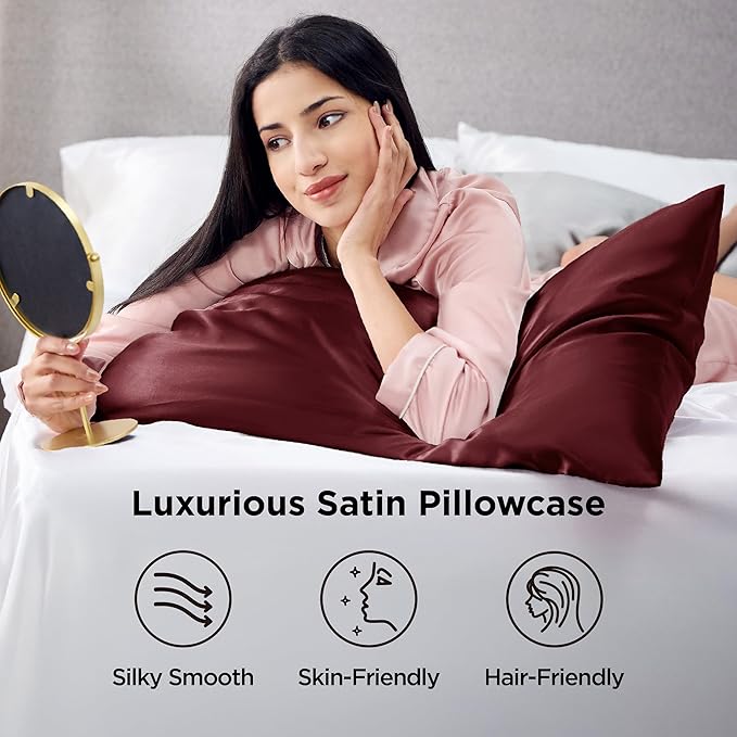 Bedsure Satin Pillowcases, Similar to Silk Pillow Cases Queen Size Set of 2, Burgundy Red Pillow Case with Envelope Closure, Christmas Decor Home Gifts for Women Men, 20x30 Inches, 2pcs