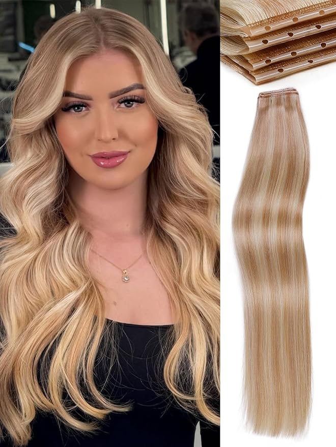 WIGNEE 100% Remy Double Wefts Invisible PU OVO Human Hair Extensions 18 Inch Micro Beads Real Human Hair Extensions Highlight Blonde Weft Hair Extensions Human Hair Glueless for white women(18/613)